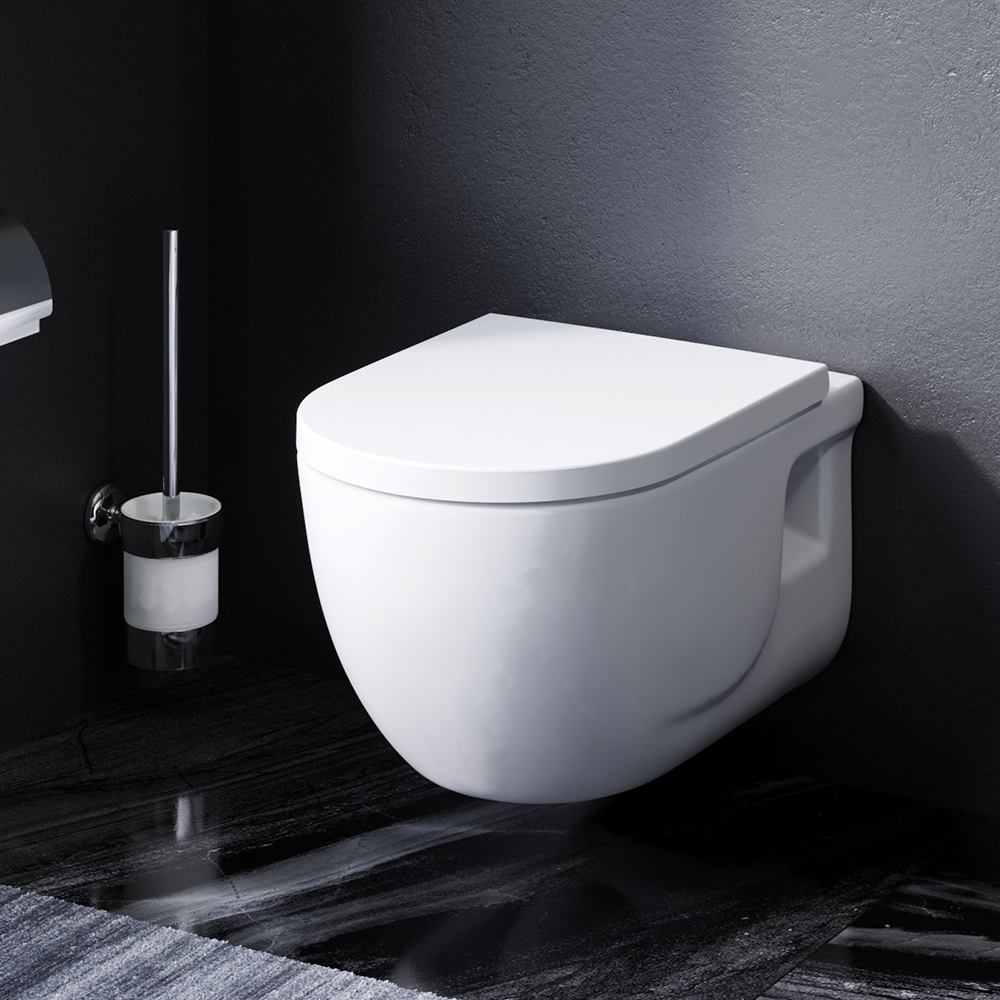 FlashClean rimless wall-hung toilet with soft-closing seat cover